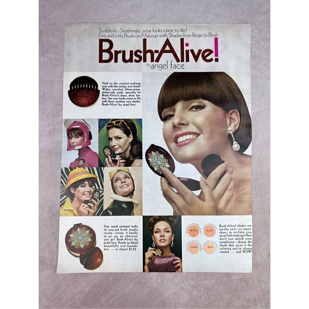 Vintage 1965 Brush-Alive by Angel Face Print Ad Makeup Beauty Mod MCM Retro